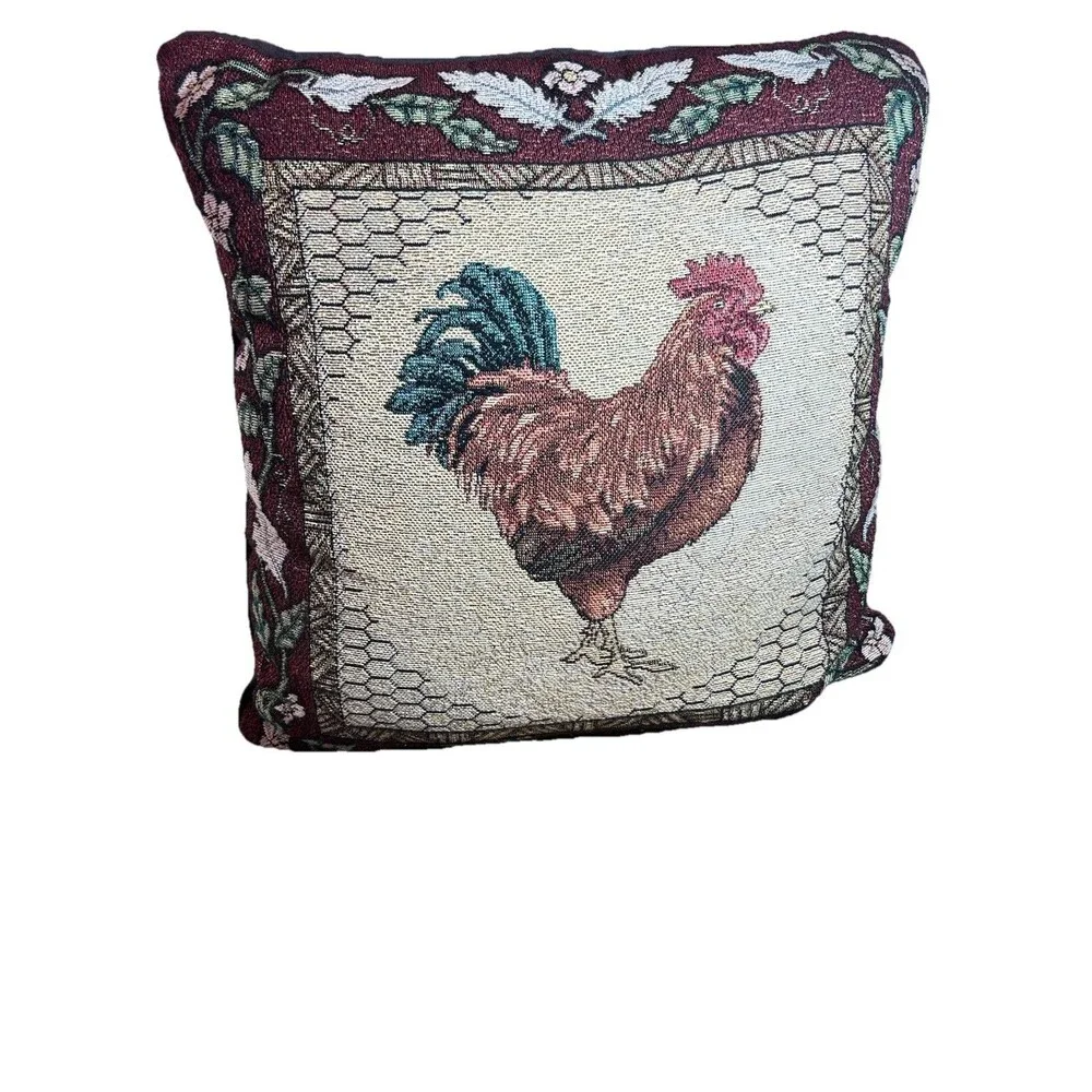 Vintage Rooster Tapestry Pillow 15x15 Farmhouse Chicken Decor Cushion Accent Pad - Picture 2 of 10